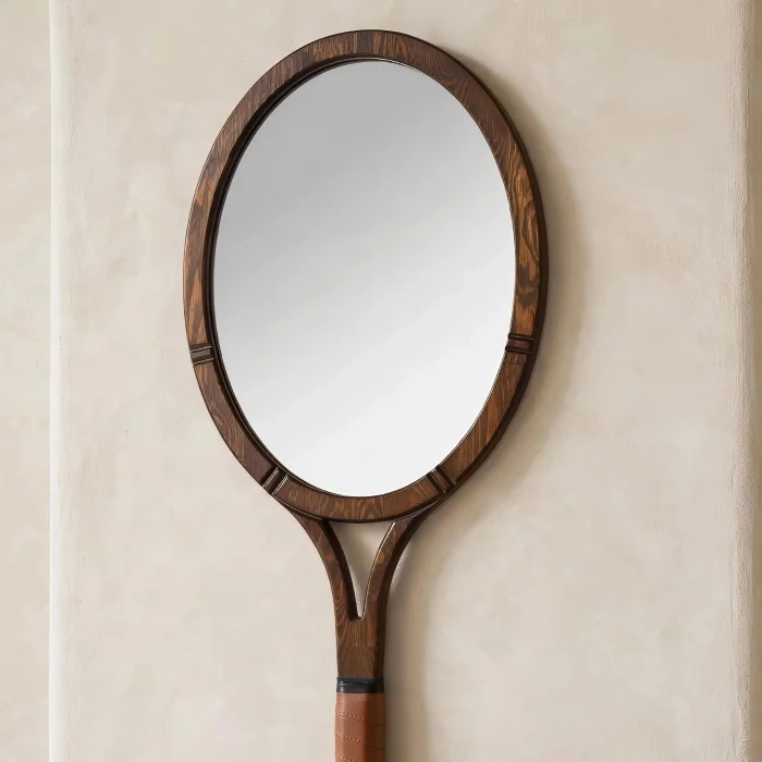 Tennis Racket Shaped Solid Wood Decorative Mirror - 4