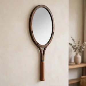 Tennis Racket Shaped Solid Wood Decorative Mirror - 2