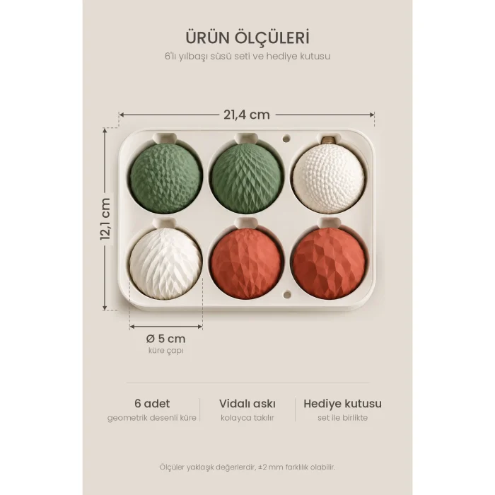 Geometric Patterned Christmas Ornament Set of 6 with Gift Box - Red Green White 5 Cm - 7
