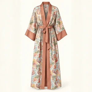 Domates Desenli Saten Uzun Kimono