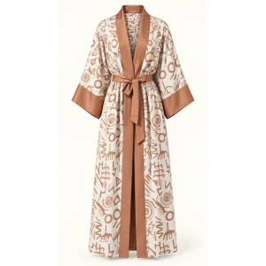 Etnik Desenli Saten Kiremit Kimono