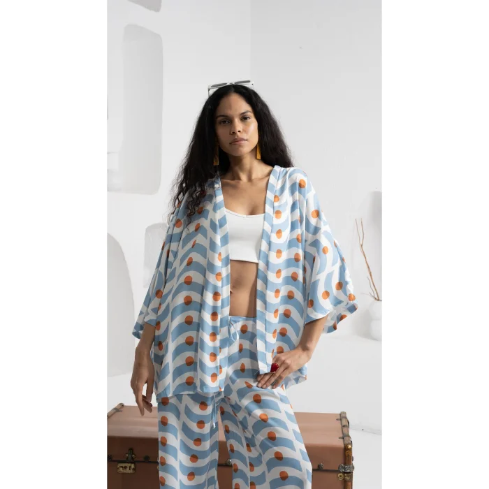 Blue Wave Pattern Short Kimono - 2