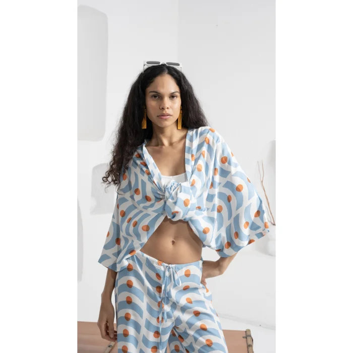 Blue Wave Pattern Short Kimono - 4