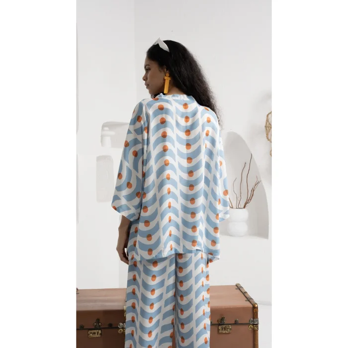 Blue Wave Pattern Short Kimono - 3