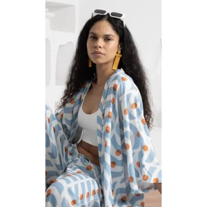 Blue Wave Pattern Short Kimono - 5