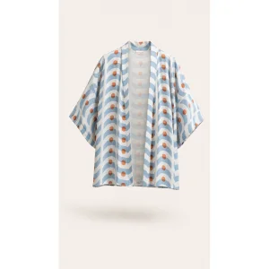 Blue Wave Pattern Short Kimono - 1