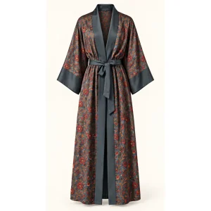Lacivert Çiçek Desenli Saten Uzun Kimono