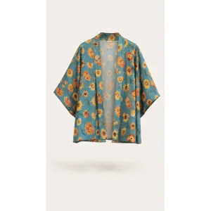Van Gogh Pattern Blue Short Kimono - 1