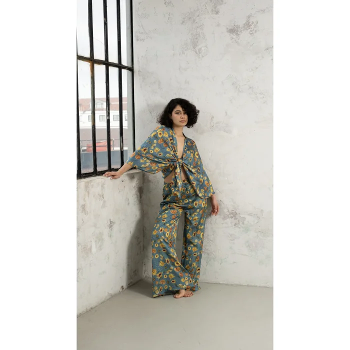 Van Gogh Pattern Blue Short Kimono - 2
