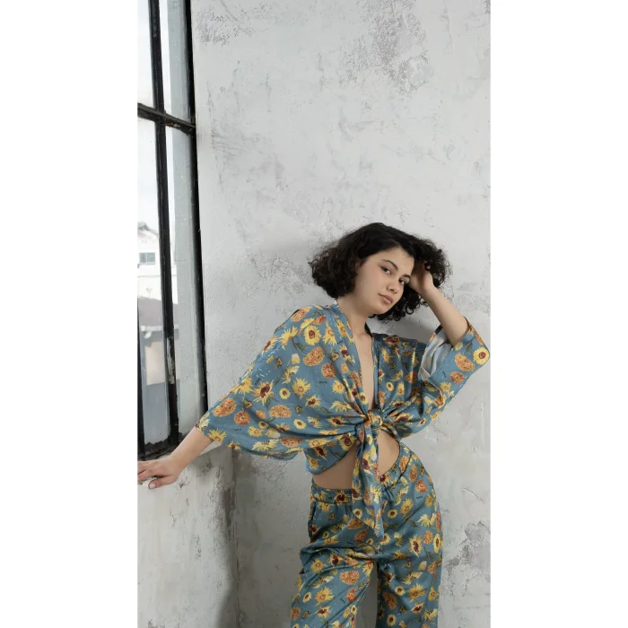 Van Gogh Pattern Blue Short Kimono - 3