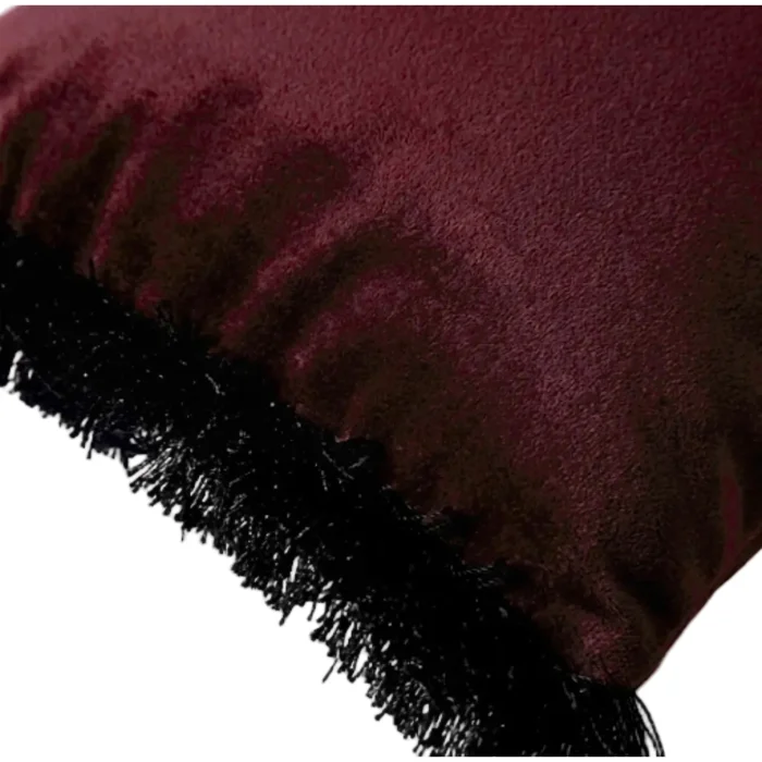 Fringed Bordo-Siyah Velvet Cushion - 2