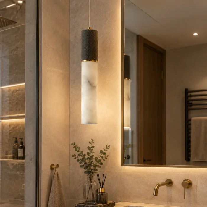 Marble and Leather Detailed Cylinder Pendant Light - 7