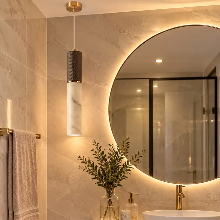 Marble and Leather Detailed Cylinder Pendant Light - 6