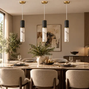 Marble and Leather Detailed Cylinder Pendant Light - 5
