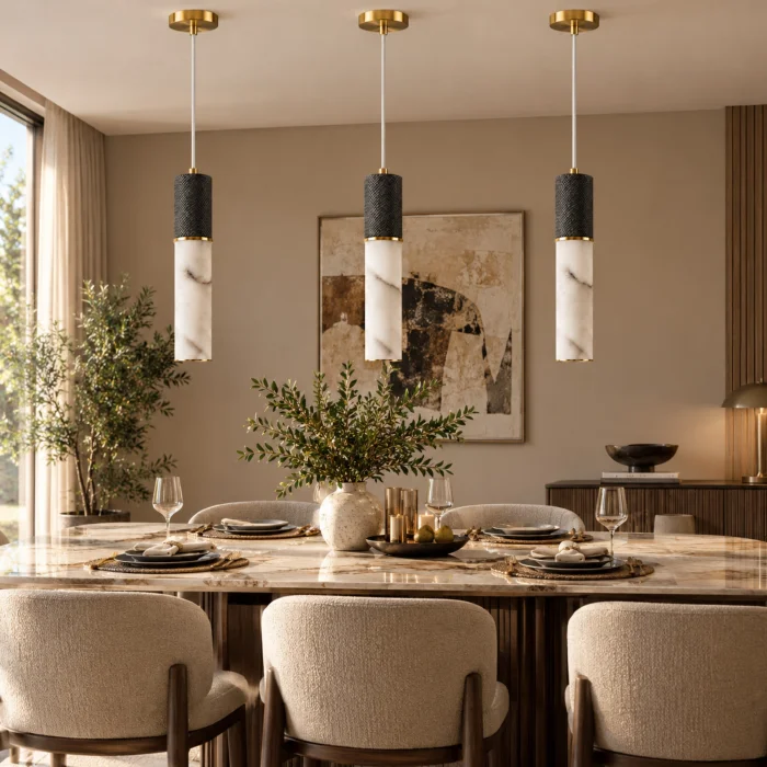 Marble and Leather Detailed Cylinder Pendant Light - 5