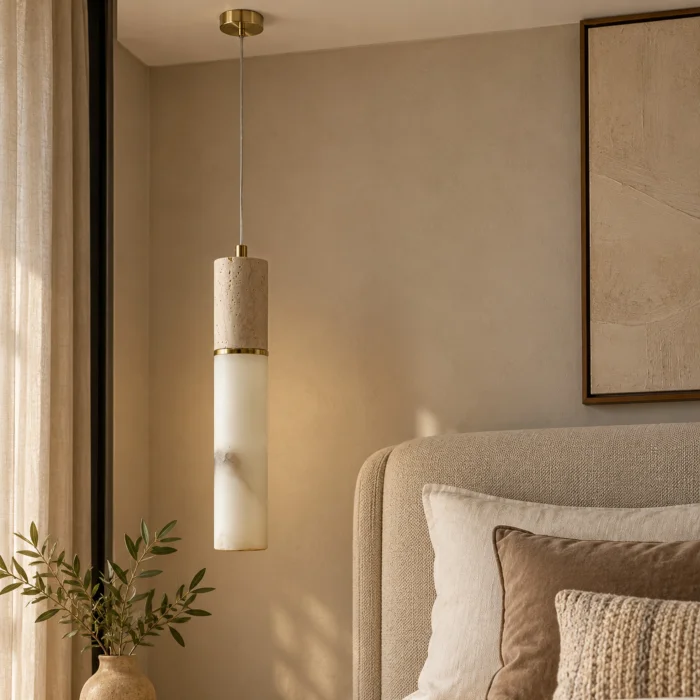 Travertine Detailed Marble Cylinder Pendant Chandelier - 5