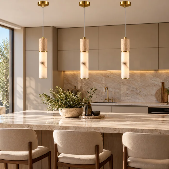 Travertine Detailed Marble Cylinder Pendant Chandelier - 6
