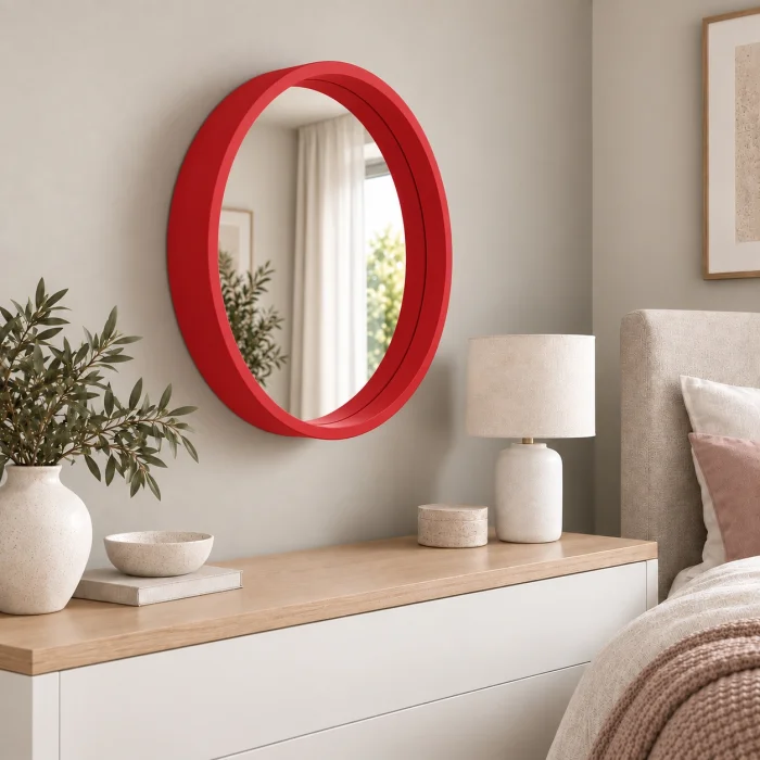Red Framed Round Wall Mirror - 4