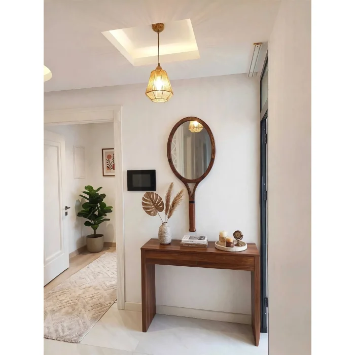 Tennis Racket Shaped Solid Wood Decorative Mirror - 3
