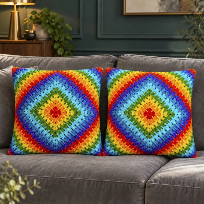 Geometric Rainbow Hand-Knitted Cushion - 10