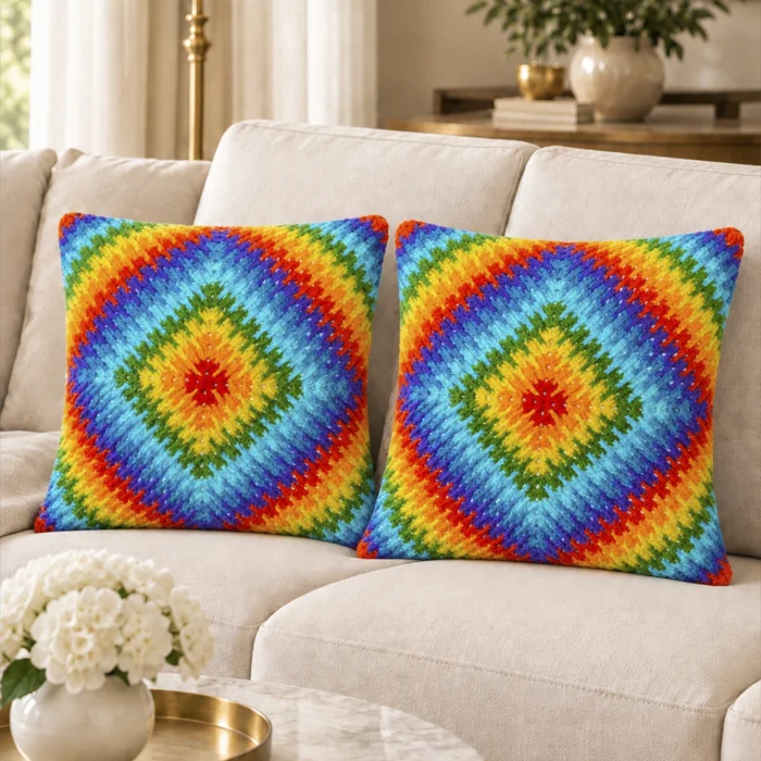 Geometric Rainbow Hand-Knitted Cushion - 9