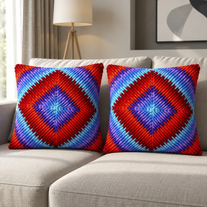 Firebloom Geometrical Red Purple Hand-Knitted Cushion - 8