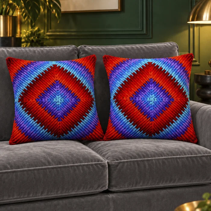 Firebloom Geometrical Red Purple Hand-Knitted Cushion - 9