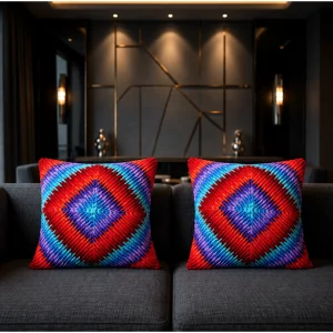 Firebloom Geometrical Red Purple Hand-Knitted Cushion - 11