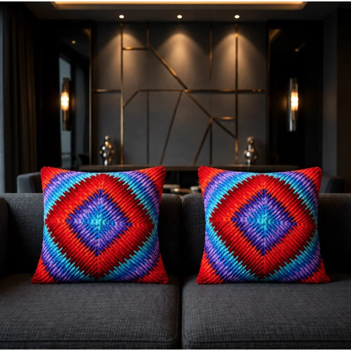 Firebloom Geometrical Red Purple Hand-Knitted Cushion - 11