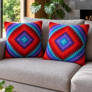 Firebloom Geometrical Red Purple Hand-Knitted Cushion - 7