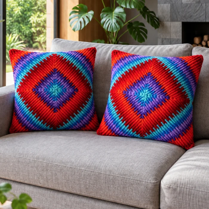 Firebloom Geometrical Red Purple Hand-Knitted Cushion - 7