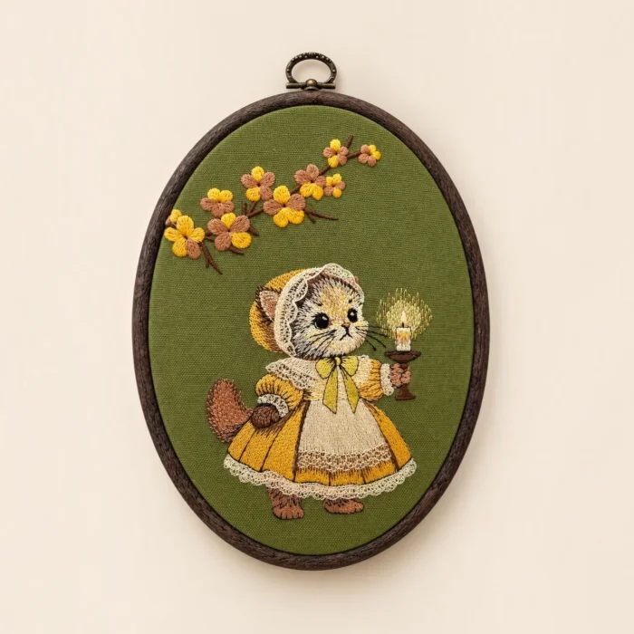 Vintage Kedi Nakışlı Dekoratif Kasnak Tablo - 1