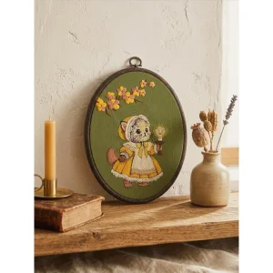 Vintage Kedi Nakışlı Dekoratif Kasnak Tablo - 2