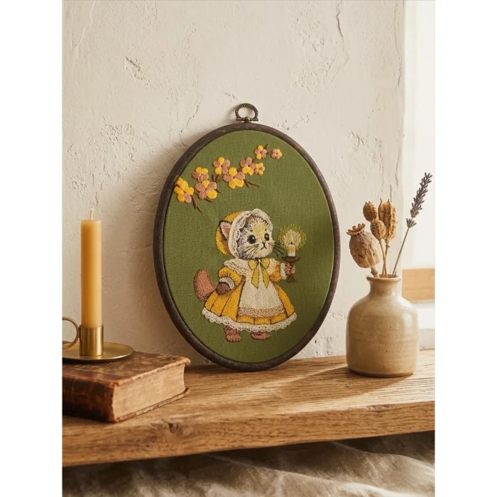 Vintage Kedi Nakışlı Dekoratif Kasnak Tablo - 2
