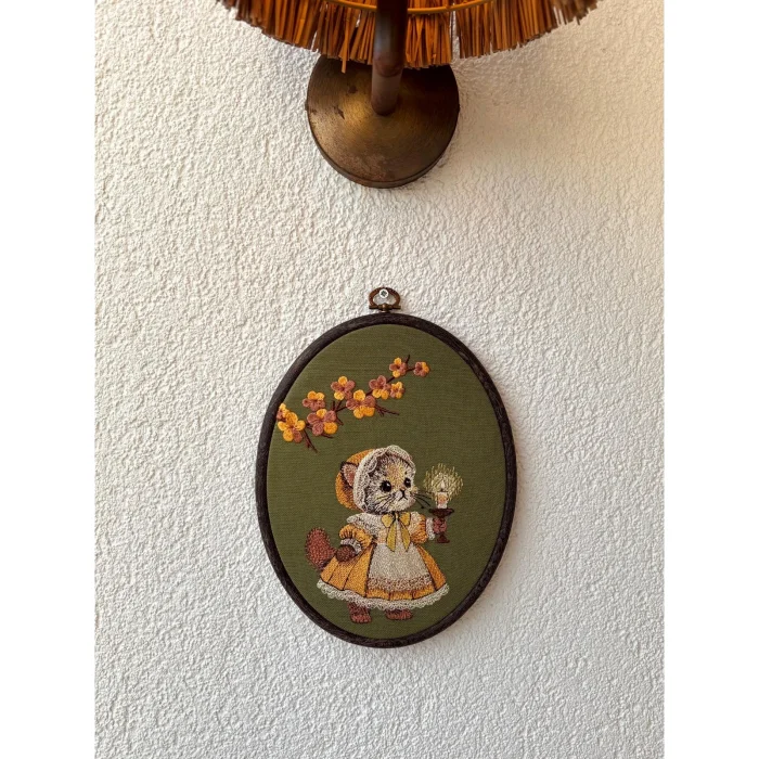 Vintage Kedi Nakışlı Dekoratif Kasnak Tablo - 3
