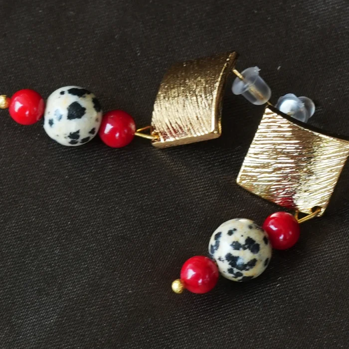 Geometric Brass Earrings with Dalmatian Jasper and Coral Natural Stones - 5
