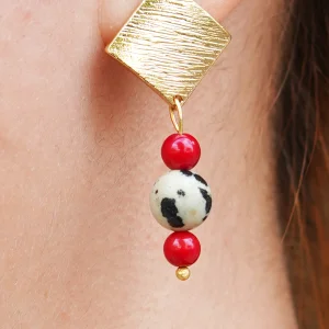 Geometric Brass Earrings with Dalmatian Jasper and Coral Natural Stones - 4
