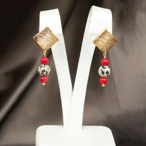 Geometric Brass Earrings with Dalmatian Jasper and Coral Natural Stones - 1