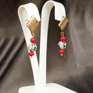 Geometric Brass Earrings with Dalmatian Jasper and Coral Natural Stones - 2