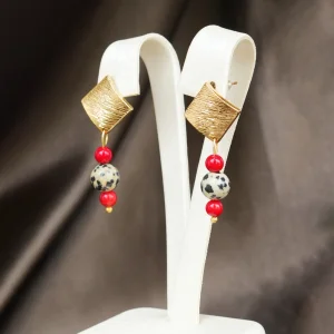 Geometric Brass Earrings with Dalmatian Jasper and Coral Natural Stones - 3