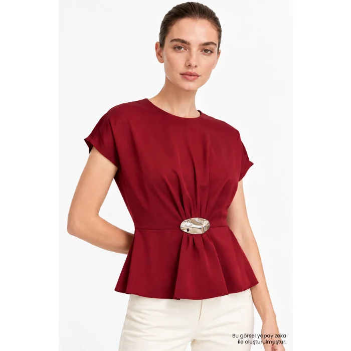 Crew Neck Metal Buckle Draped Burgundy Blouse - 3