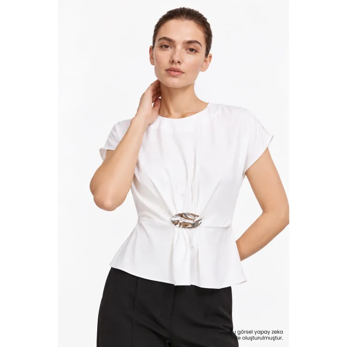 Crew Neck Metal Buckle Draped Cream Blouse - 3