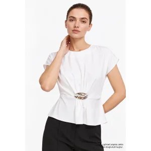 Crew Neck Metal Buckle Draped Cream Blouse - 3