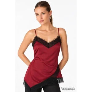 Asymmetric Cut Lace Detailed Burgundy Satin Blouse - 3