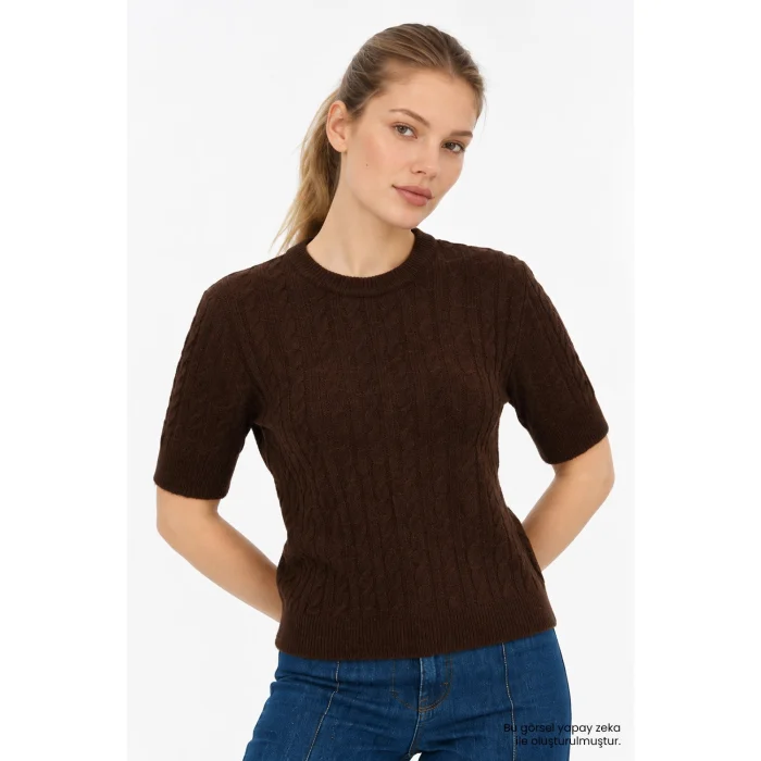 Crew Neck Cable Knit Regular Brown Blouse - 3