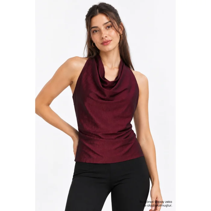 Burgundy Cowl Neck Ruched Draped Blouse - 3