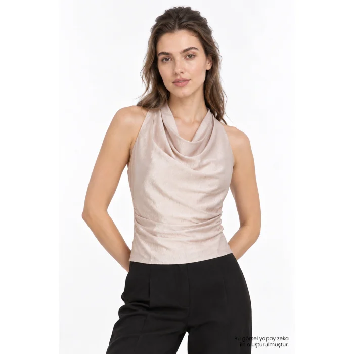 Draped Cowl Neck Ruched Blouse Beige - 5