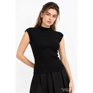 High Neck Sleeveless Regular Knit Black Blouse - 3
