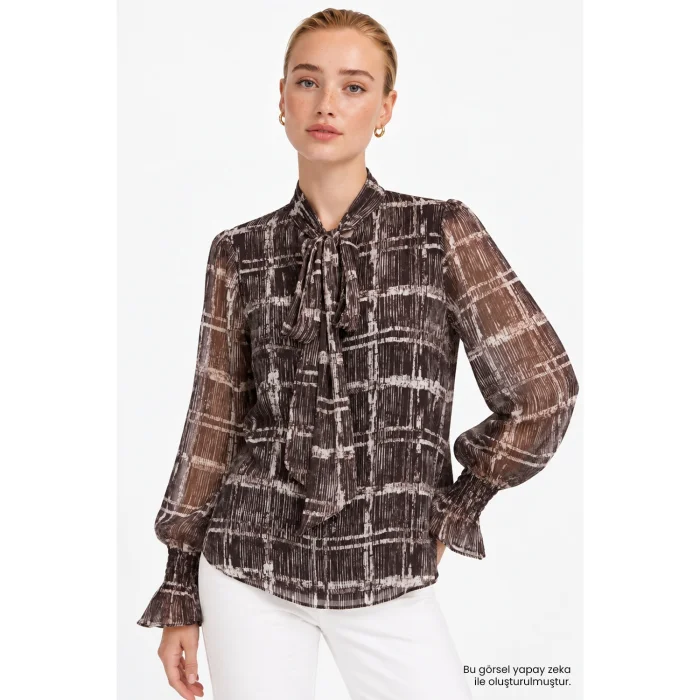 Scarf Detail Lined Smocked Brown Blouse - 2