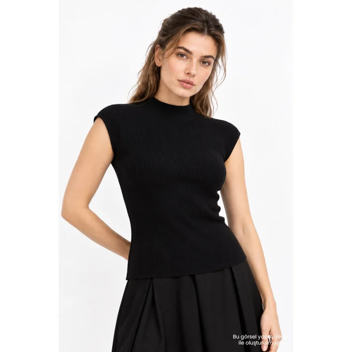 Mock Neck Sleeveless Regular Knit Black Blouse - 3